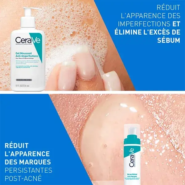 Cerave Routine Visage Anti-Marques Gel Moussant Anti-Imperfections 236ml & Serum Rétinol 30ml