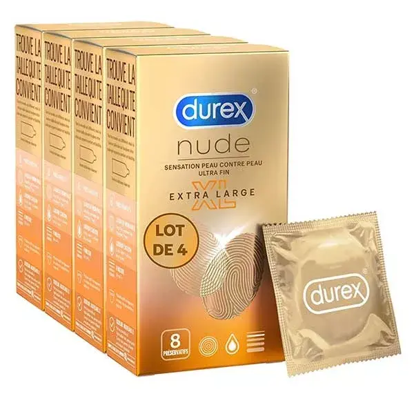 Durex Lot de 32 Préservatifs Nude XL Extra Fins et Extra Larges - 4x8 pièces