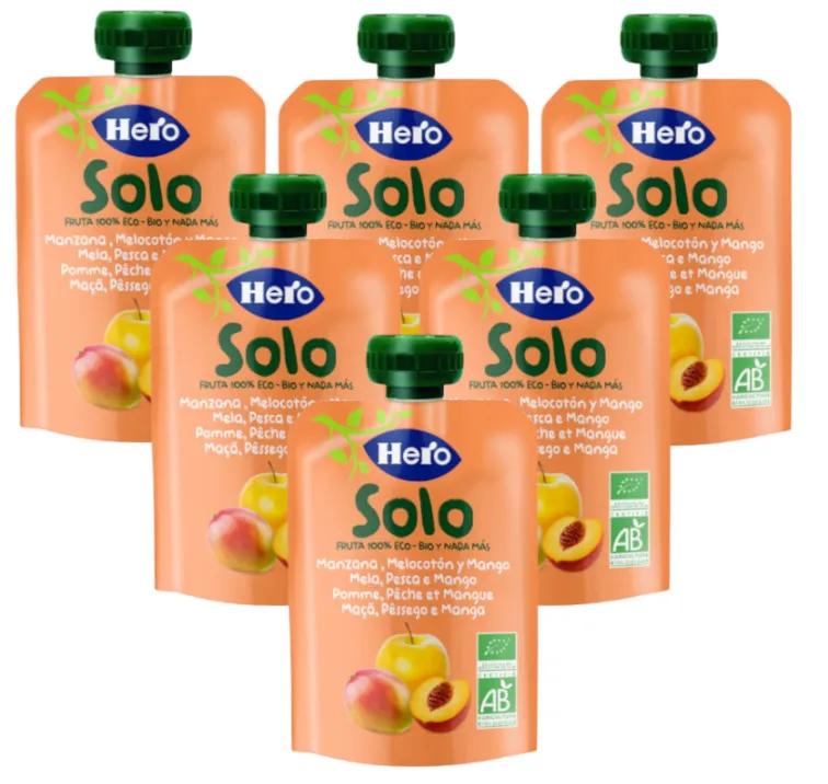 Sachet de fruits bio Hero Solo Pomme, Pêche et Mangue +4m 6x100 gr