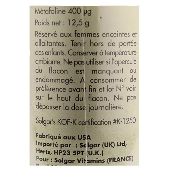 Solgar Metafolin - Vitamine B9 400 µg 50 Comprimés