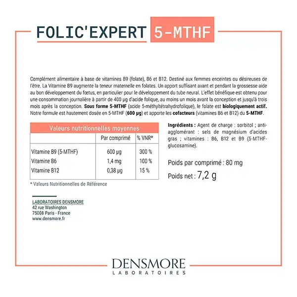 Densmore FOLIC'EXPERT La nouvelle génération d'Acide Folique 5-MTHF - 3 mois