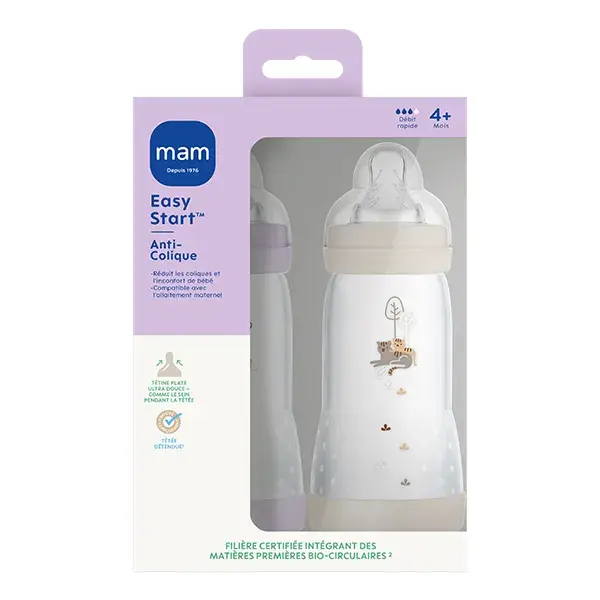 Mam Biberon Esac Lilas + Sable Tétine Débit 3 2 x 320ml