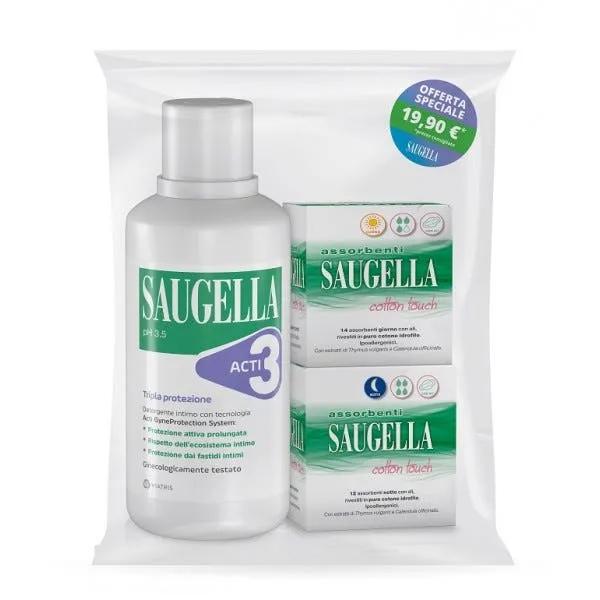 Saugella Detergente Intimo Acti3 500ml + Assorbenti Giorno 14 Pezzi + Notte 12 Pezzi