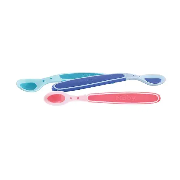 Nuby 3 Cuillères Thermosensibles Bord Doux 4 mois Bleu Rose Turquoise