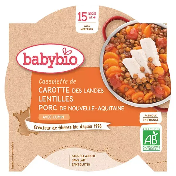 Babybio Menu du Jour Assiette de Zanahorias y Lentejas y Carne de Cerdo a partir de 15 meses 260g