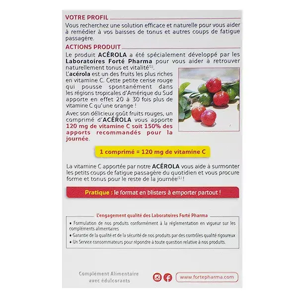 Forté Pharma Acérola Vitamine C 60 Comprimés à Croquer Format 2 mois Fatigue