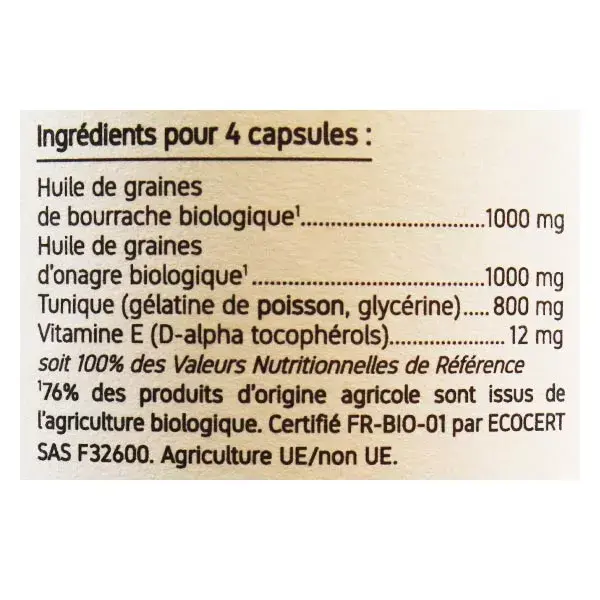 Aceites de forma NAT y eco-responsables de borraja y onagra orgánico + vitamina E 120 cápsulas