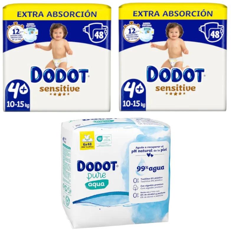 Dodot Sensitive Extra-Jumbo Windeln Pack T4+ 2x52 Einheiten + Plastikfreie Tücher 288 Einheiten