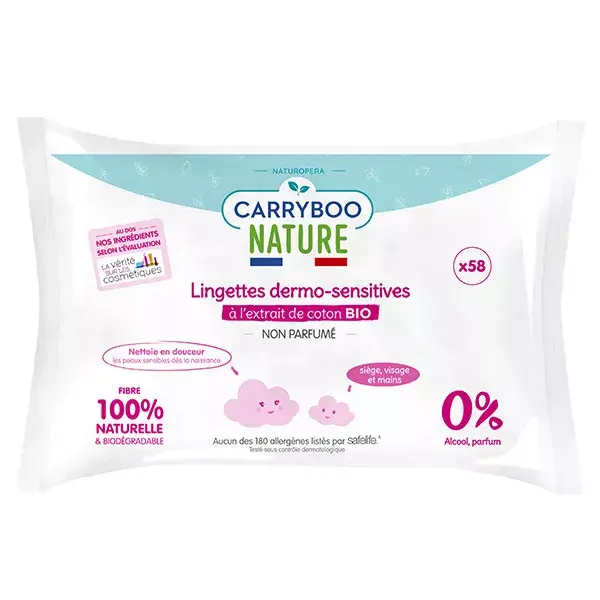 Carryboo Soins Salviettine Dermo-Sensitive Cotone Bio 58 unità