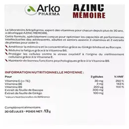 Arkopharma Azinc Mémoire 30 gélules