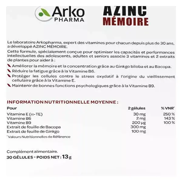 Arkopharma Azinc Memory 30 capsules