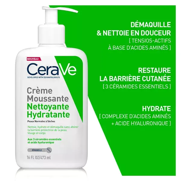 Cerave Crème Moussante Nettoyante Hydratante Visage pour Peaux Normales à Sèches 473ml