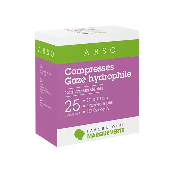 Marque Verte Compresses Stériles Gaze Hydrophile 10cm x 10cm 25 x 2 compresses