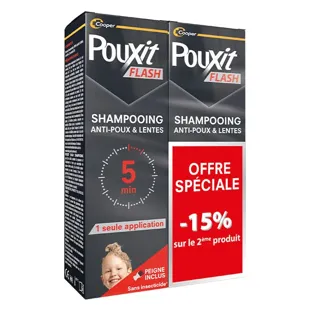 Pouxit Flash Shampoo Trattamento anti-pidocchi e lendini Agisce in 5 minuti Confezione da 2 x 100 ml