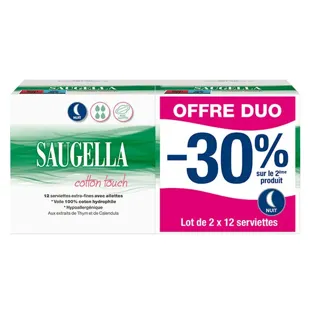 Assorbenti igienici per la notte Saugella Cotton Touch con ali - 2 confezioni da 12