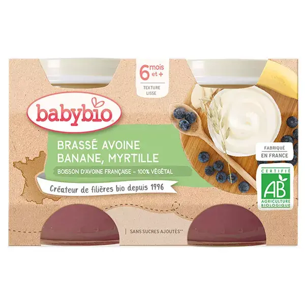 Babybio Desserts Végétaux Pot Brassé Avoine Banane Myrtille +6m Bio 2 x 130g
