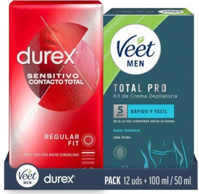 Durex Sensitive Préservatif Total Control 12 unités + Veet Men Kit Crème Épilatoire Zones Intimes 150 ml