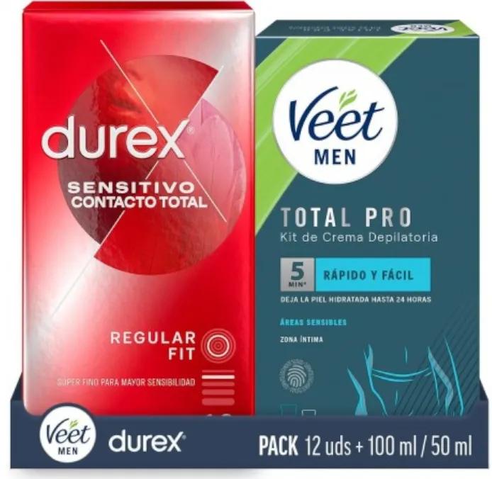 Durex Sensitive Condoom Total Control 12 eenheden + Veet Men Intieme Gebieden Ontharingscrème Kit 150 ml