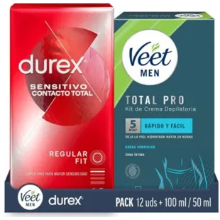Durex Preservativo Sensitivo Control Total 12 uds + Veet Men Kit Crema Depilatoria Zonas Íntimas 150 ml