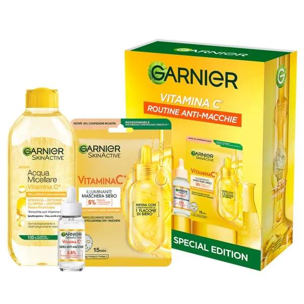 Garnier Vitamina C Cofanetto Routine Anti-Macchie con Acqua Micellare + Siero Anti-Macchie + Maschera Viso