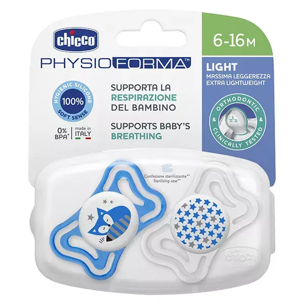 Chicco Physio Forma Light Pacifier Silicone +6m Star Stripe Set of 2 + Sterilisation Box