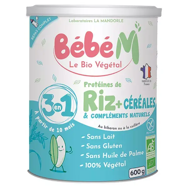 Bébé M Riz 3 en 1 Préparation de Céréales à Complément Protéinique +10m Bio 600g