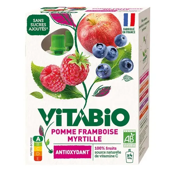 Vitabio Gourdes Pomme Framboise Myrtille - ANTIOXYDANT - BIO - 4x100g