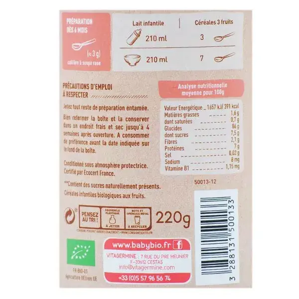 Babybio 3 Fruit Cereal with Quinoa 6 Months+ 220g 