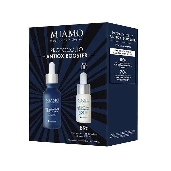 Miamo Protocollo Antiox Booster Cofanetto GF5-Glutathione Aox Boost Serum 30 ml + Aging Defense Sunscreen Drops SPF 50+ 10 ml