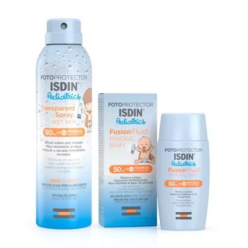 Isdin Pediatrics Fusion Fluid Mineral Pacote Fotoprotetor Bebê FPS50+ 50ml + Spray Transparente Pediatria SPF50 250ml