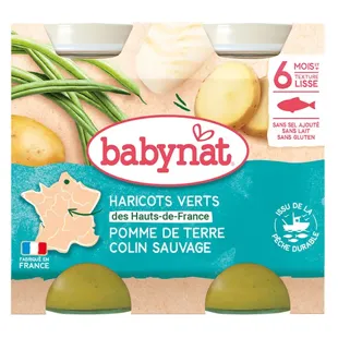 Babybio BabyNat Menu du Jour Pots Patata Fagiolini Verdi Merluzzo Bianco Selvatico dai 6 mesi 2 x 200g