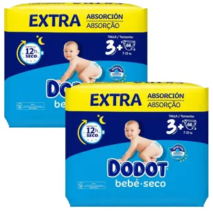 Dodot Couches Bébé Extra Dry T3+ (7-11 Kg) 2x66 unités