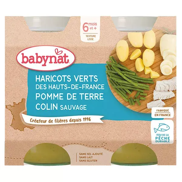 Babybio BabyNat Menu du Jour Pots Patata Fagiolini Verdi Merluzzo Bianco Selvatico dai 6 mesi 2 x 200g