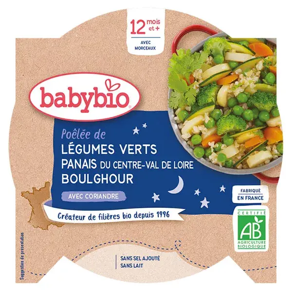 Babybio Repas Soir Assiette Légumes Verts Panais Boulghour +12m Bio 230g