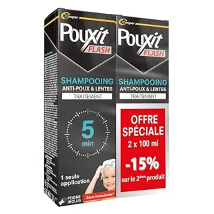 Pouxit Flash Shampoo Trattamento anti-pidocchi e lendini Agisce in 5 minuti Confezione da 2 x 100 ml