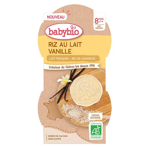Babybio Desserts Lactés Bol Riz au Lait Vanille +8m Bio Lot de 2 x 100g