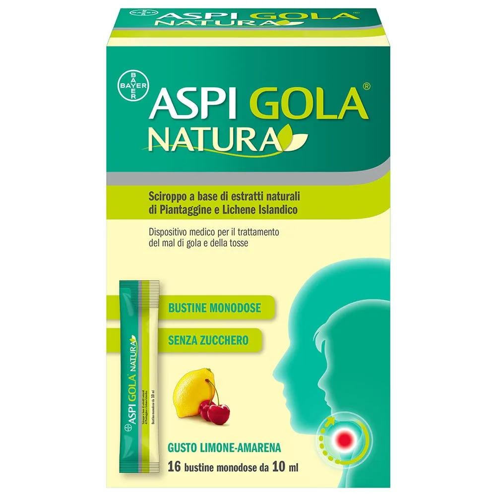 Aspi Gola Natura Sciroppo Con Estratti Naturali Per Mal di Gola e Tosse Gusto Limone e Amarena 16 Bustine 10ml