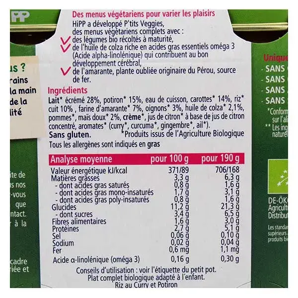 HIpp Bio P'tits Veggies Potito Arroz al Curry con Calabaza Bio +6m 2x190g
